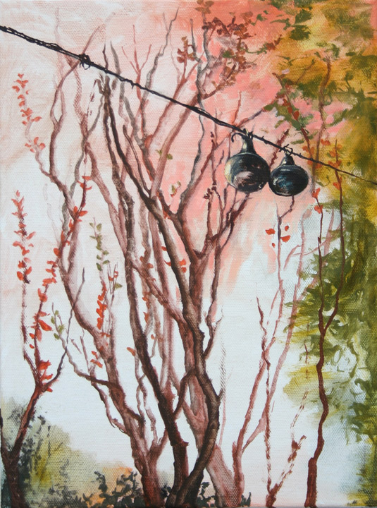2 Gourds On A Wire Against Pink Sky